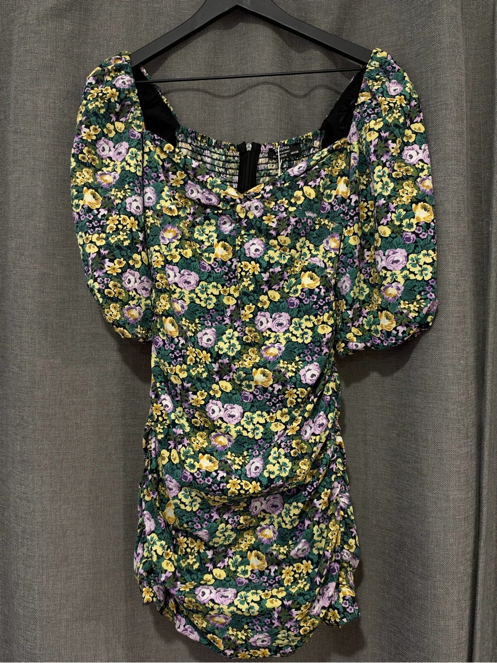 Bershka Green Floral Puff-Sleeve Mini Dress